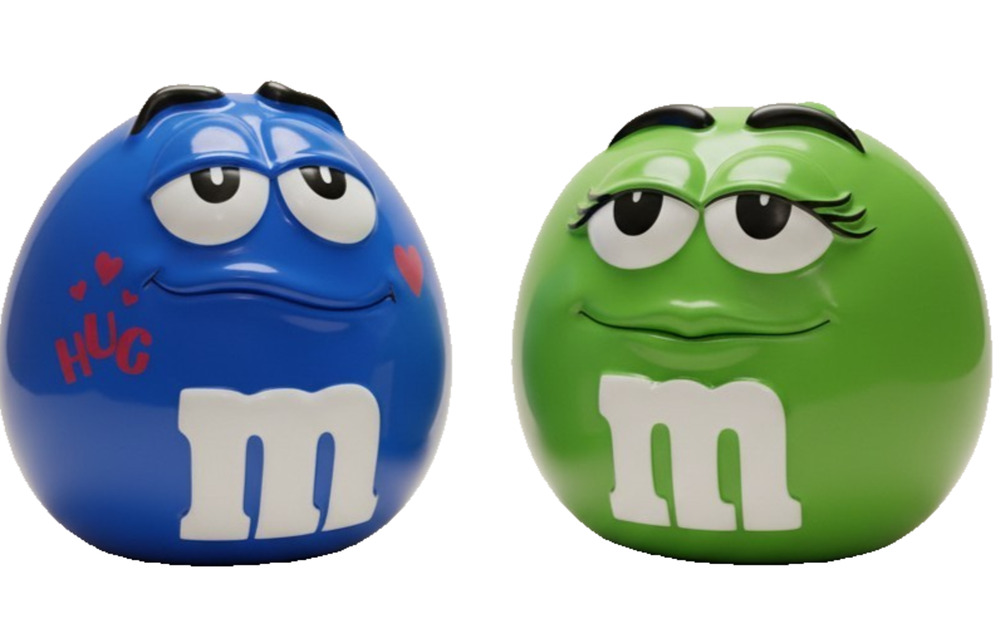 M&M’s Ceramic Candy Jars Set Blue Hug & Green w Lids Galerie Mars Collectible